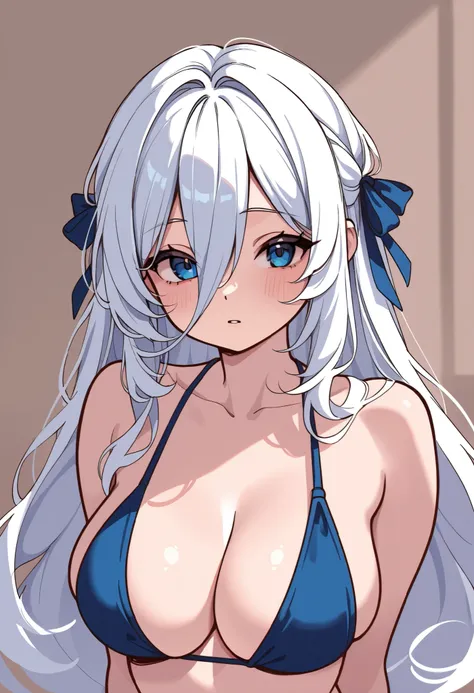 1girl, vollumptous, medium to big breasts, firm breasts, long hair, white hair, long bangs, blue eyes, sketch