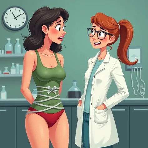 [   cartoon   ]  A nervous woman wearing red womens underwear and a tight green sleeveless t-shirt,  tied with her hands hidden and tied behind her back in a laboratory, with her mouth sealed with a silver ribbon ; while a female scientist leaves the place...