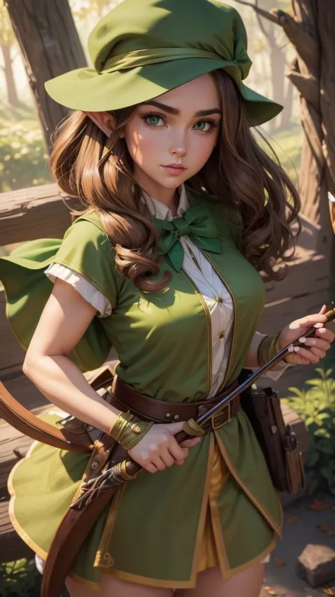 American comics style with thick ink pen traits and contour of character in the center of a young woman elf holding a bow with light brown hair and brown and kaki green outfit, with a green hat holding a bow, sharp details, and traits, andblank background,...