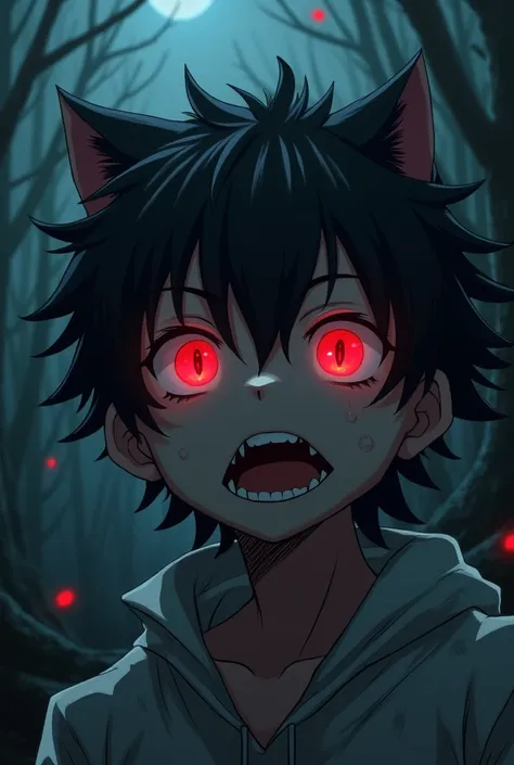 A monster style anime boy with red eyes and big teeths and he was in contact of a dangerous wolf spirit 