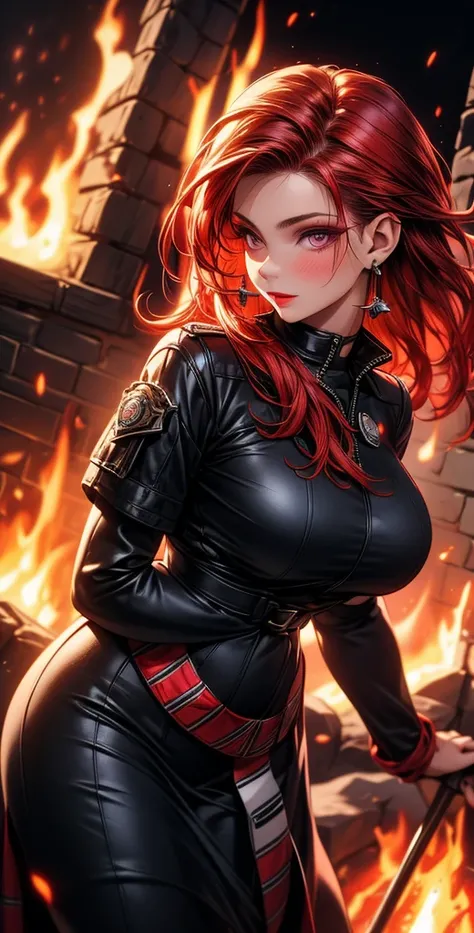  High definition ,  Realistic anatomy ,  better quality ,  Highly detailed , HD model,  high quality ,full length ,full frame, Full-length girl , red hair, hair, hair, Breasts, earrings,  purple eyes, makeup, Light blush, scarlet lips,Fire brigade suit , P...