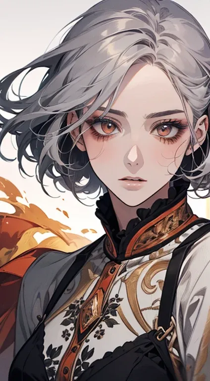 A painting of a woman with gray hair and an orange blouse,  stunning anime face portrait, beautiful character painting, beautiful anime portrait, her image is rendered with red ink, presenting a stunning effect. The painting is very detailed, portraying fe...