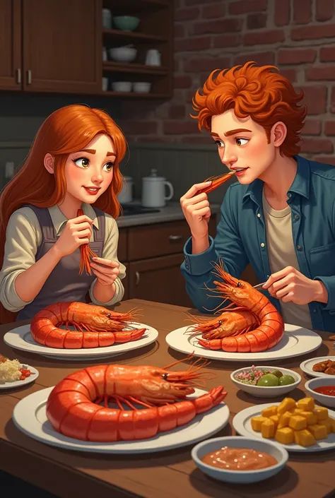 Brick-faced Dasha , Sergey with long red curly hair and their friend Anton eat huge prawns in the kitchen