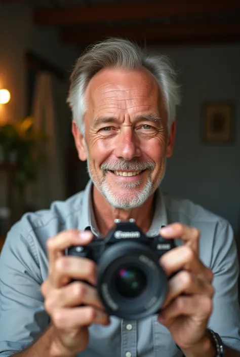 59-year-old man taking selfies naturally