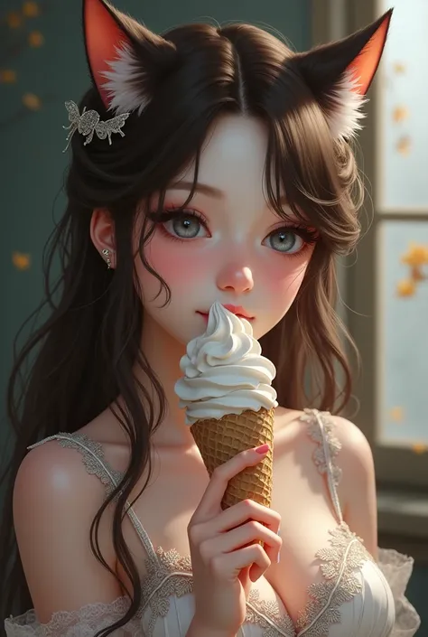  girl with gray eyes with brown hair up to the waist with cat ears on her head in a beautiful dress is eating ice cream