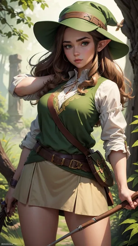 American comics style with thick ink pen traits and contour of a young woman elf holding a bow in her hand with light brown hair and brown and kaki green outfit, with a green kaki hat, sharp details, and traits, and blank background, full character from he...