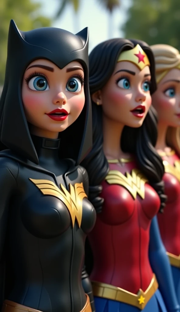 ( highlight: realistic: She is looking very surprised, her mouth is wide open, Everybody standing together, realistic beautiful girls immage)  Realstic: "Create three superhero characters. The characters are Catwoman, Wonder Woman and Supergirl. Catwoman i...