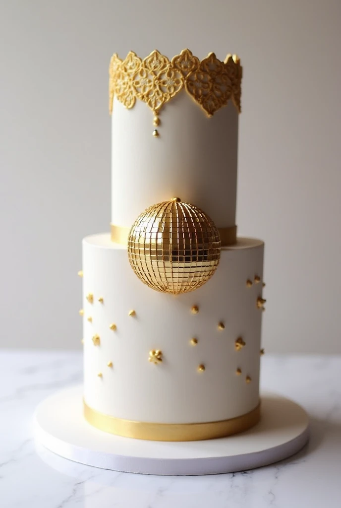 2 tier cake and on the top of it disco ball spacer and one tier on the spacer with some golden work with no fondant work