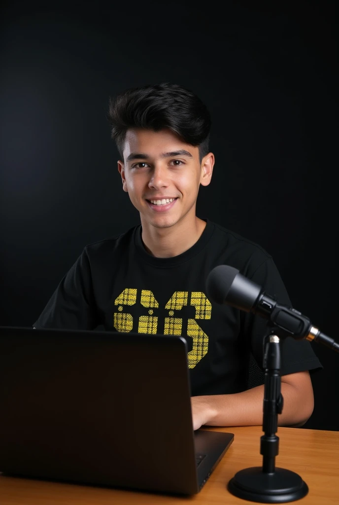 A 25 year old boy is sitting in front of a computer desk with a mic and a laptop. He is wearing a black write (job opportunity provider) and yellow checked t-shirt and has black hair against a black themed background.