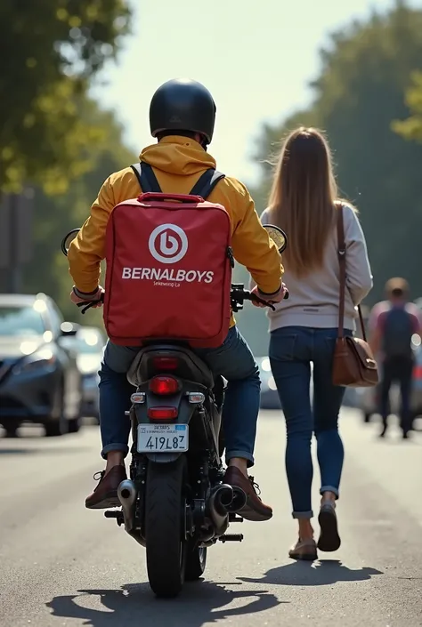  Create an image of a motorcycle delivery man with a food delivery backpack that says BERNALBOYS delivering a package to a customer; the customer is leaving home receiving the package with a background of several cars and people  , 
