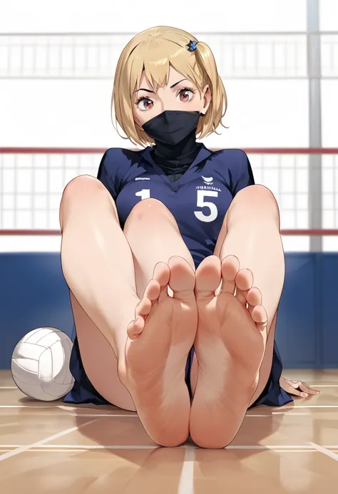 score_9, score_8_up, score_7_up, source_hijab anime, 1 girl, solo, hitokayachi, 1girl, sitting, looking at viewer, foot, toes, each foot has five toes, perfect detailed foot and toes, foot wrinkles, volleyball court background

