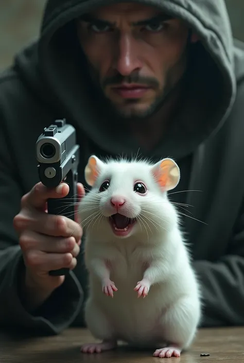  White hamster crying sadly with tears in his eyes (M4 holding a gun )