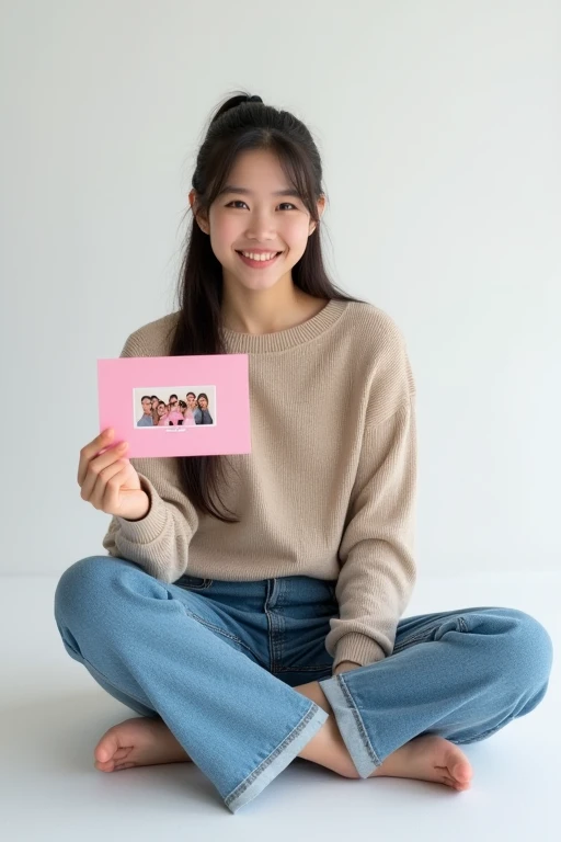 The image shows a young woman sitting on a white surface with a white background. She is wearing a beige long-sleeved top and blue jeans. She has long dark hair tied up in a ponytail and is smiling at the camera. In her hand, she is holding up a pink card ...