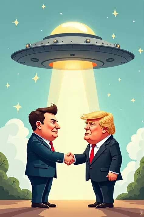  A cartoon of Elon Musk and Donald Trump shaking hands, with a UFO hovering above them.