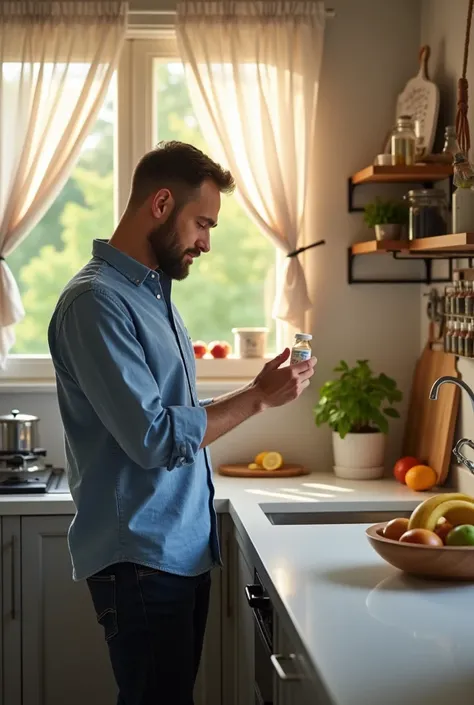 The patient is in his cozy, well-lit kitchen at home, standing by a sleek white countertop with a small medicine bottle in his hand. The kitchen is modern, with light gray cabinets and stainless-steel appliances that reflect the warm, golden sunlight strea...