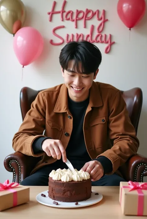 Create a realistic profile young Korean man aged 20 year where a 1 a cap boys cutting his brownies cake facing forward in smile
Elegan, brown letter jacket,black shirt, sitting casually on a wingback chair
there are gift lying on the ground along both side...