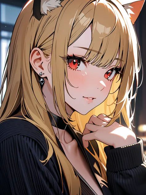 Cat-Eared Girl, Kitagawa Marin, masterpiece:1.5, masterpiece, highest quality, 1girl, カーボーイショット, blonde hair, long hair, multicolored hair, red eyes, jewelry, earrings, piercing, black choker, UHD, retina, masterpiece, accurate, anatomically correct, textu...