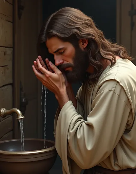 Jesus Christ washing his face, brown beards, brown hair, realistic images 