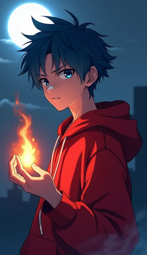 anime boy with blue hair and black eyes in red hoodie, young anime man, anime boy, tall anime guy with blue eyes, anime moe artstyle, anime handsome man, male anime character, official anime still, 2 d anime style, style of ssss.gridman (2018), handsome an...