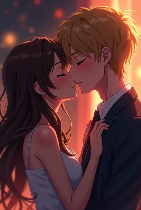  Photo of anime couples kissing with the lights darkened their cheeks are blushing red closing their eyes, The woman is brunette while the man is blonde 