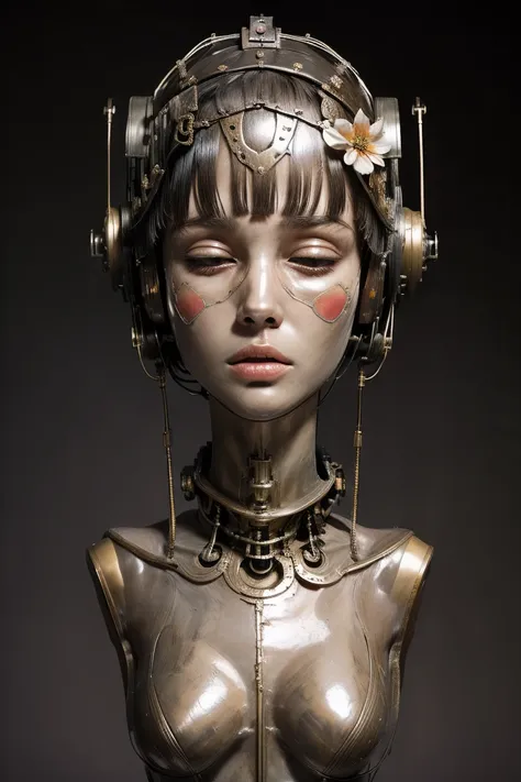 (masterpeace), ((super real photography: 1.5)), ((photo realistic: 1.3)), (real photo), 
young girl with a lot of flowers, ((A young girl robot: 1.5)),  (bust statue), 
BREAK
headgear, ((real metalic skin)), ((beautiful face: 1.5)), ((Super cute: 1.5)), ((...