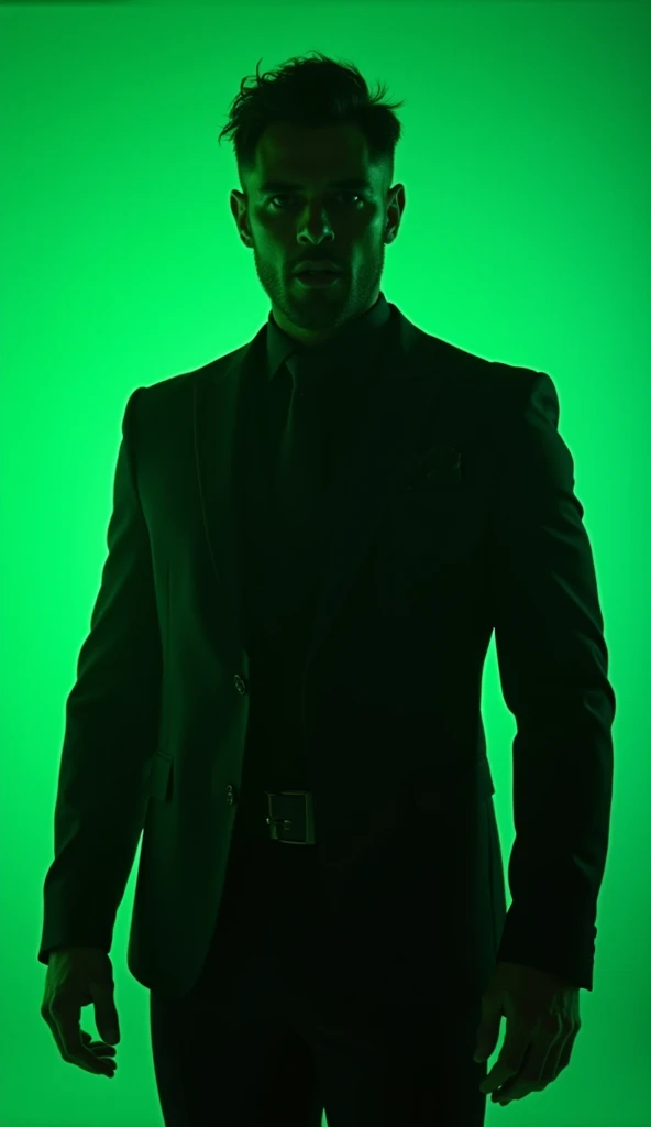 An alluring and dangerous individual, dressed in dark, sleek attire, stands behind a pulsing green screen. Their sharp features are partially obscured by shadows, creating an air of mystery. The screen casts an unsettling luminescence that accentuates thei...