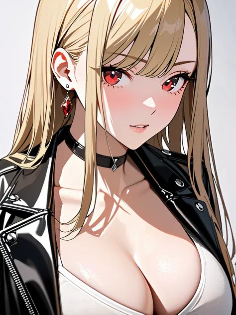 Black Leather Jacket, kitagawa marin, One girl, Blonde Hair, Long Hair, Multicolored Hair, Red eyes, jewelry, Earrings, Earrings, Black choker, 超High resolution, retina, masterpiece, Accurate, Anatomically correct, Textured skin, Super Detail, Attention to...