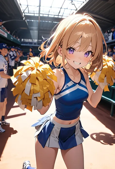 1 girl, (cute face), young cheerleader, (shoulder-length hair), (excited expression), (small breasts), slim, (wearing a sporty cheer outfit), knee-length, (team colors),  
BREAK  
Baseball dugout, teammates cheering her on, (getting ready for a cheer:1.2),...