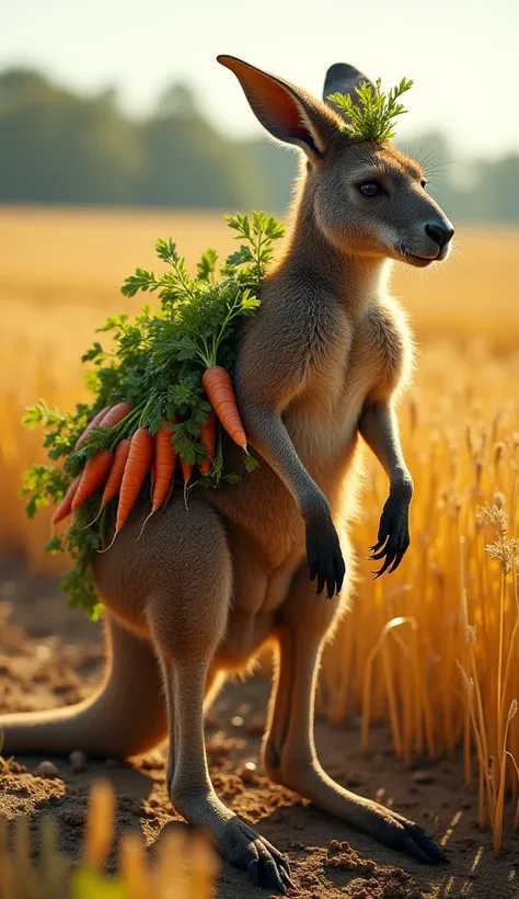 "A hyper-realistic hybrid of a kangaroo and root vegetables, captured in a wide-angle shot as it bounds gracefully through a vast field of crops. The creature has the strong, athletic frame of a kangaroo, but its fur is replaced by a patchwork of root vege...