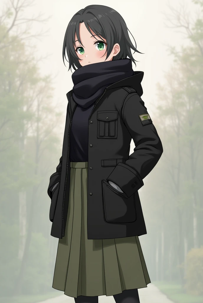 French women have young green eyes anime style

・Outerwear:  Tactical Coat  (カーキや black)

Inner:  Fleece Long Sleeve Shirt  ( black)

 skirt :ミリタリー skirt  ( Khaki or Dark Green )

 boots:ダークグリーンのタクティカル boots

マフラー: Dark Colored Warm Scarf ( blackやグレー)