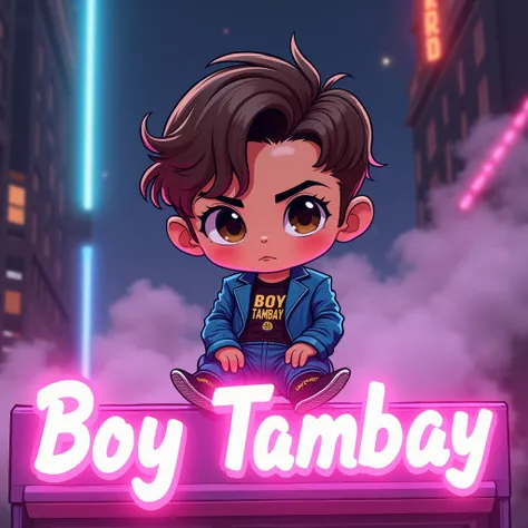 A chibi-style portrait of Boy Tambay with undulated brown hair and expressive brown eyes.  He is  wearing tshirt , but elegantly ,  in a blue silk suit ,  adorned with a Boy Tambay shirt with gold letters , and gold Portillo tactical pants . He is perched ...