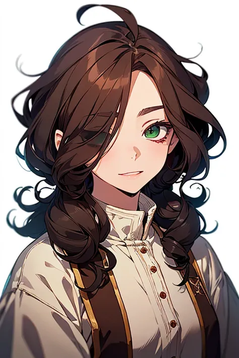 (excellent quality), (high resolution), (absurdreasterpiece), ((adult woman)), brown hair, disheveled hair, curly long hair, ((writter)), character looking at the camera, detailed face, ((medieval)), ((bang)), (((simple clothes))), (portrait), (small eyes)...