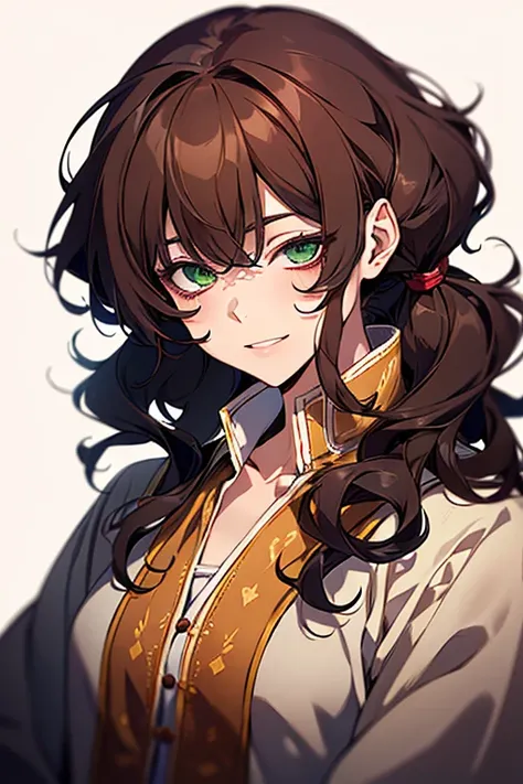 (excellent quality), (high resolution), (absurdreasterpiece), ((adult woman)), brown hair, disheveled hair, curly long hair, ((writter)), character looking at the camera, detailed face, ((medieval)), ((bang)), (((simple clothes))), (portrait), (small eyes)...