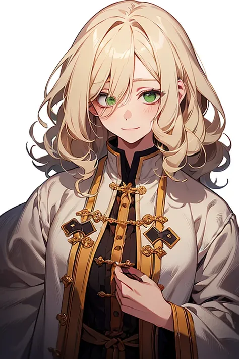 (excellent quality), (high resolution), (absurdreasterpiece), ((adult woman)), blonde hair, disheveled hair, curly long hair, ((writter)), character looking at the camera, detailed face, ((medieval)), ((bang)), (((simple clothes))), (portrait), (small eyes...