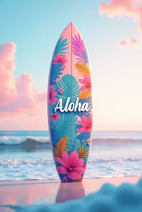 his surfboard stands upright upwards , buat motif lebih colorful,  with more colors to soft pink and blue, ada kata aloha di papan surfing