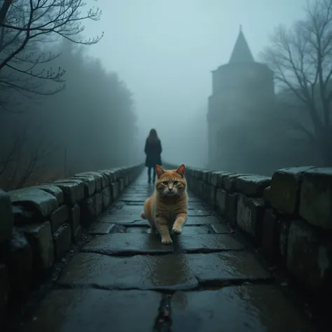 Wife,  A collapsing stone bridge shrouded in deep fog  ,  and、 A frightened orange cat is carefully crossing .  The atmosphere is creepy and mysterious , 恐怖and不確実性の本質をandらえている.  The bridge is weathering , コケand亀裂,  It is depicted in、Its heightening the ten...