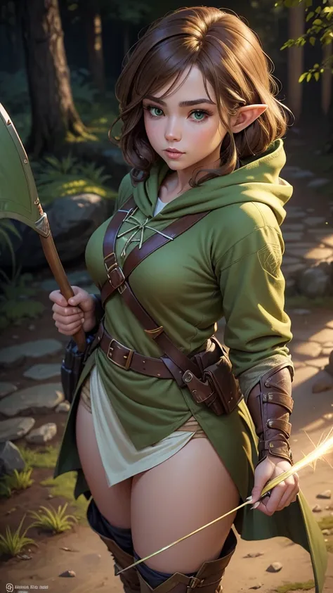 American comics style with thick ink pen traits and contour of a young woman elf ranger holding a magical ancient epic bow in her hand with light brown hair and brown and kaki green fantasy medieval outfit, with a green kaki fantasy hoodie, sharp details, ...