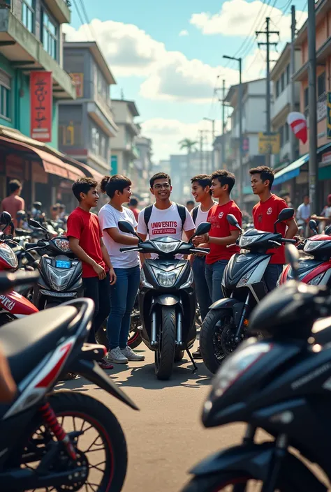 Create a picture for a profile photo of an activity group visiting KKN Universitas Siliwangi post with the purpose of visiting and using a crowded motorcycle