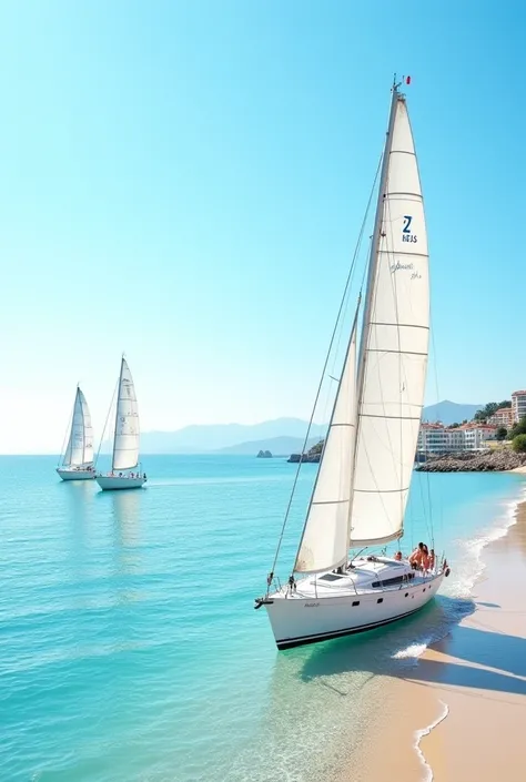 Photo de magnifiques voiliers de toute les couleurs, avec les voiles dehors, sur la mer, qui passe devant un magnifique hôtel palace méditerranéen à la façade blanche et remplie de belles fleurs sur les balcons, sur une magnifique plage de sable remplie de...