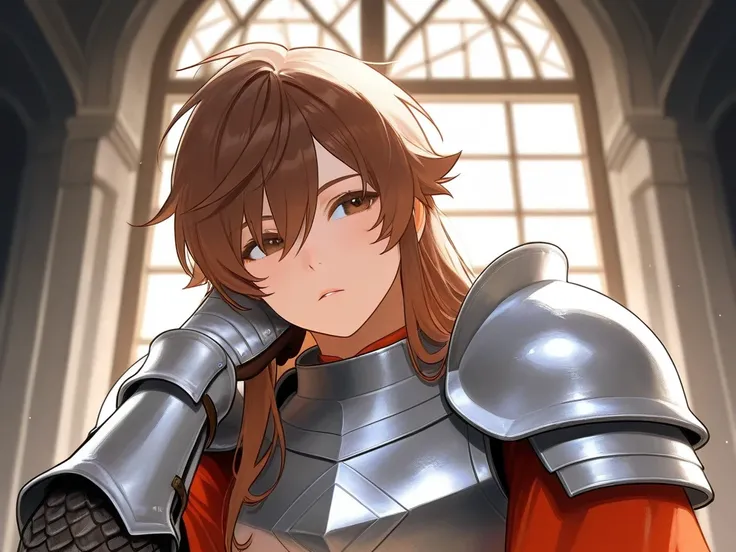 The medieval fantasy man is a large warrior with brown hair and dragon scale armor. Im holding a window
