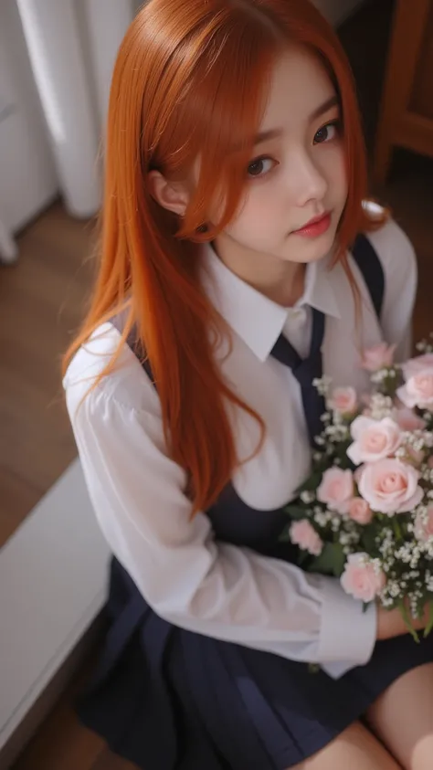 Close-up view of a young woman with long, vibrant red hair. Shes wearing a white, long-sleeved blouse with a dark navy pleated skirt, suggestive of a school uniform. A dark navy tie is loosely knotted around her collar.She holds a bouquet of light pink and...