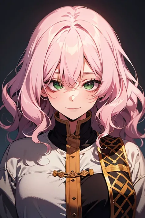 (excellent quality), (high resolution), (absurdreasterpiece), ((adult woman)), pink hair, disheveled hair, curly long hair, ((writter)), character looking at the camera, detailed face, ((medieval)), ((bang)), (((simple clothes))), (portrait), (small eyes),...