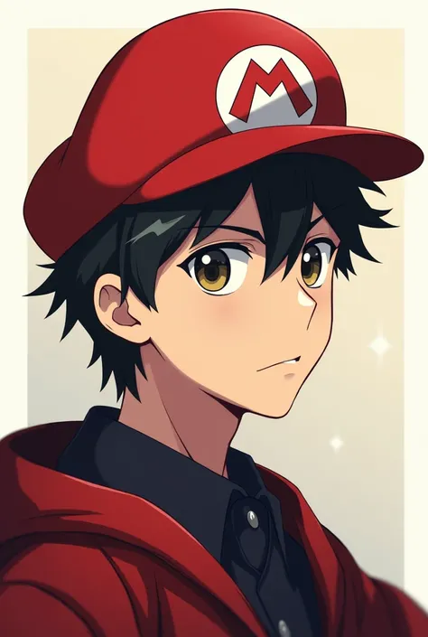 Make an image of NATSUKI SUBARU from re:zero wearing a red Mario cap 