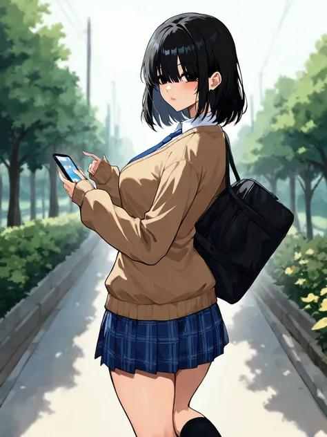 1girl, looking at viewer, looking back, standing, black hair, medium hair, bangs, hair over eyes, black eyes, lips, breasts, medium breasts, brown cardigan, sleeves past wrists, long sleeves, white shirt, collared shirt, blue necktie, blue skirt, plaid ski...