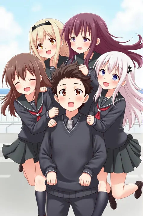 In anime、A group of female students with 、 long hair and black skirts are riding on top of a boy with blushing cheeks