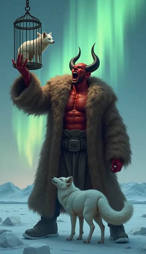 Satan laughed loudly, holding up an iron cage holding a white fox. Satan was muscular, had red skin, big horns, and wore a brown fur coat. The aurora borealis at night. A remote Arctic tundra under the pale light of the northern twilight.