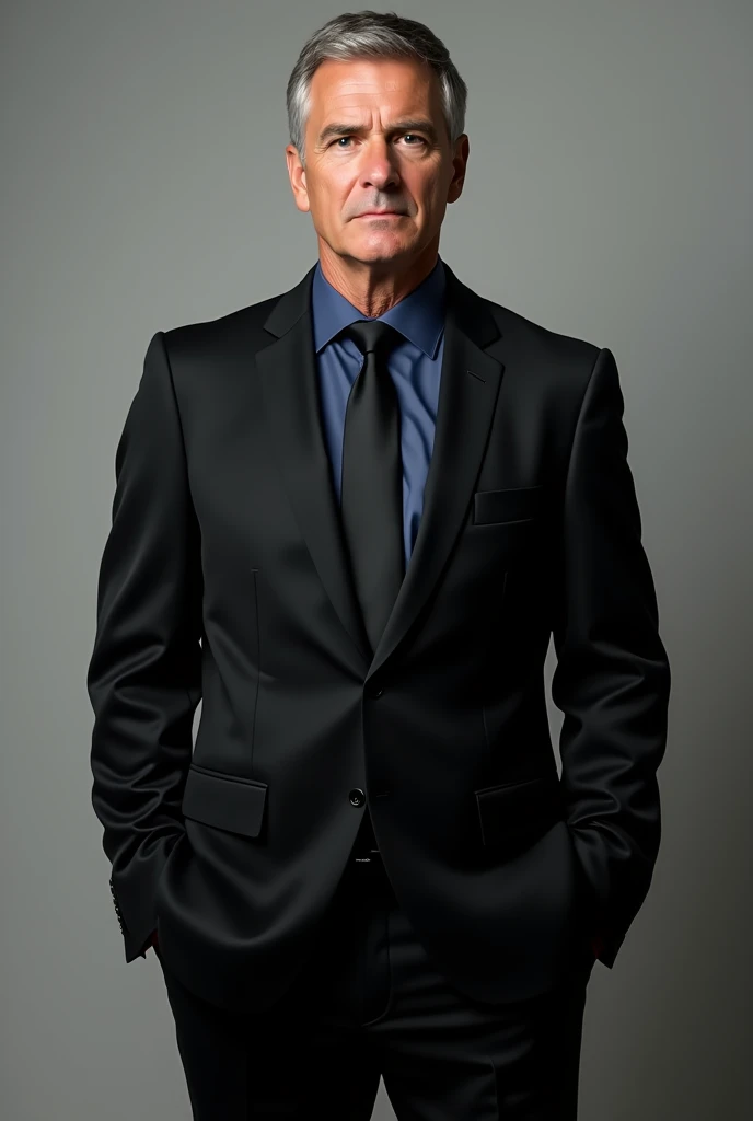 Man standing in black suit with navy blue undershirt and black tie 
