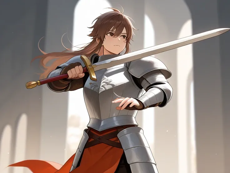 The medieval fantasy man is a large warrior with brown hair and dragon scale armor. holding a sword
