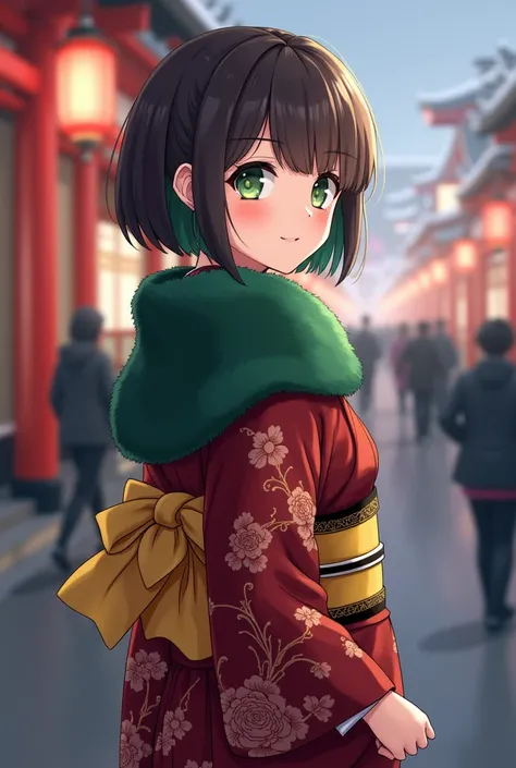 Style、woman、Age: 20、Im not young、 hair length to shoulder 、Her hair is short、The color of the hair is dark brown 、Hair highlights are green 、 The length of the bangs is enough to fit the eye、A dark red long-sleeved Japanese kimono with a simple hairpin 、Dr...