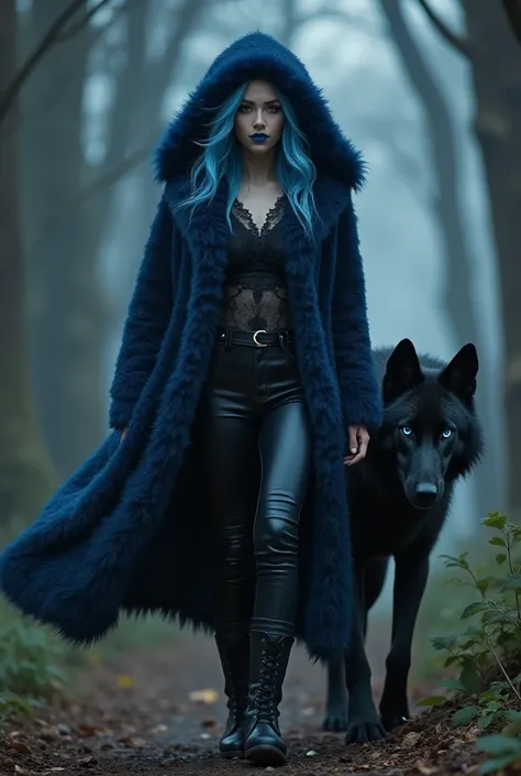 surreal, eerie,forest scene,fading shadows,fantasy woman,grey eyes,black,with blue frosted wispy hair,blue lipstick,lace top,black leather jeans,high laced boots,full length fluffy hooded coat with blue fur on hood,cuffs and bottom,a jet black wolf,sapphir...